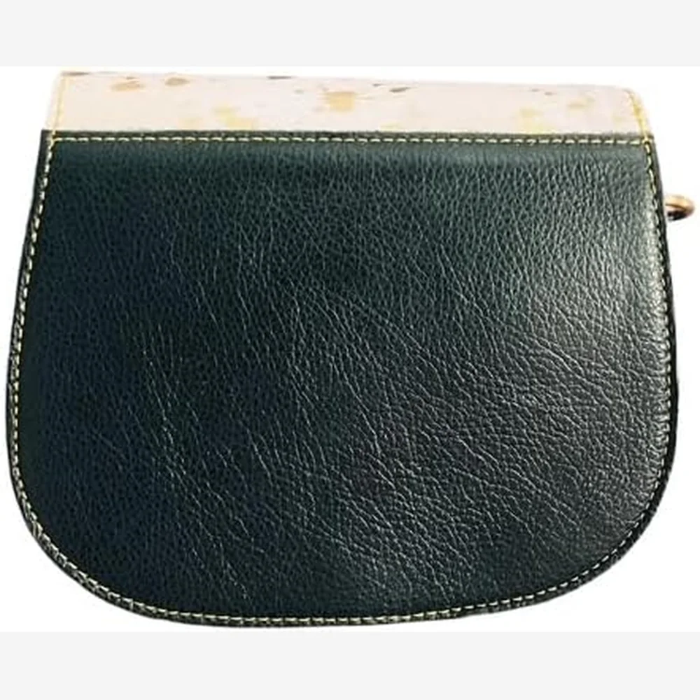 The Tula handmade recycled leather crossbody teal patchwork hair-on-hide