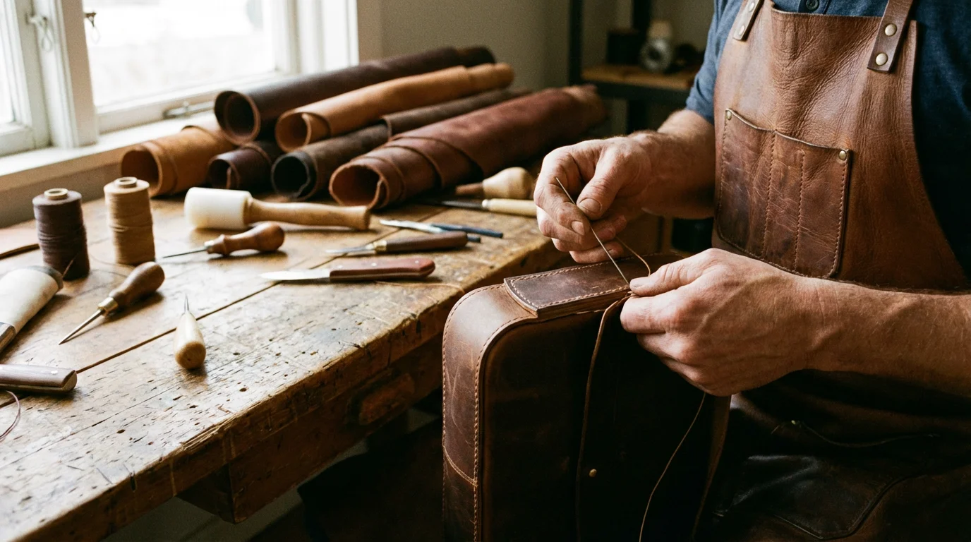 Artisan stitching a Tula Bags leather handbag in a UK workshop