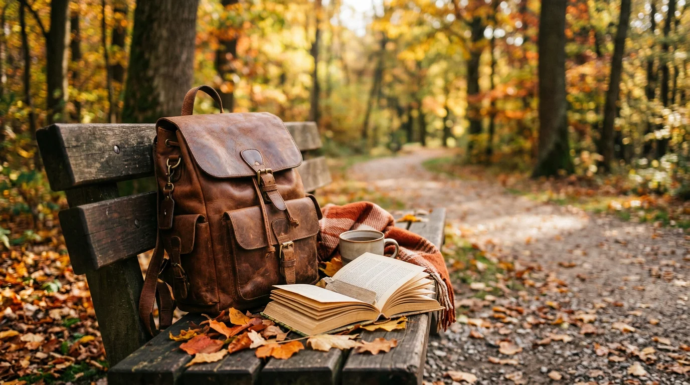 Leather backpack on a park bench