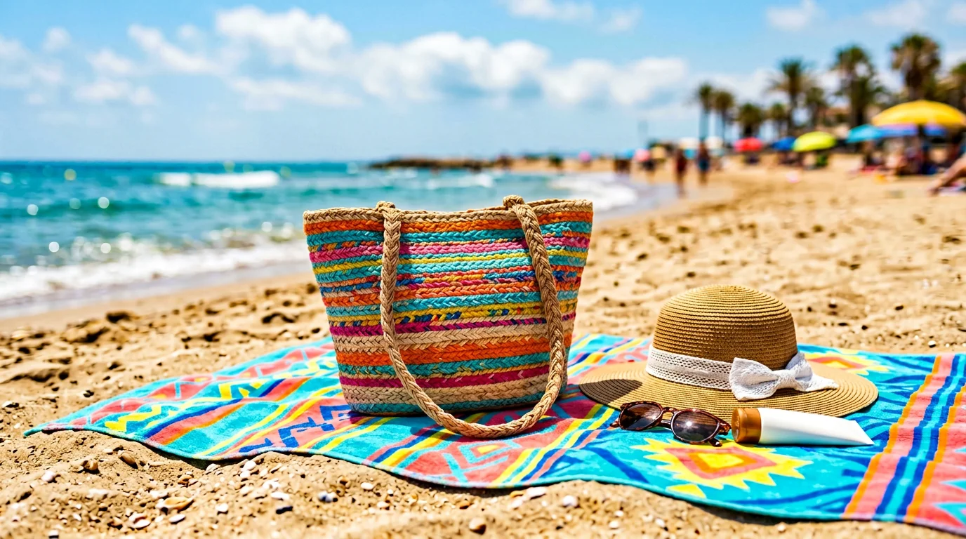 Summer handbag styling on beach towel