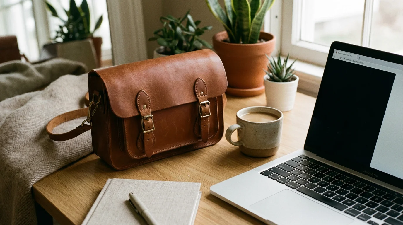 Satchel on desk with laptop