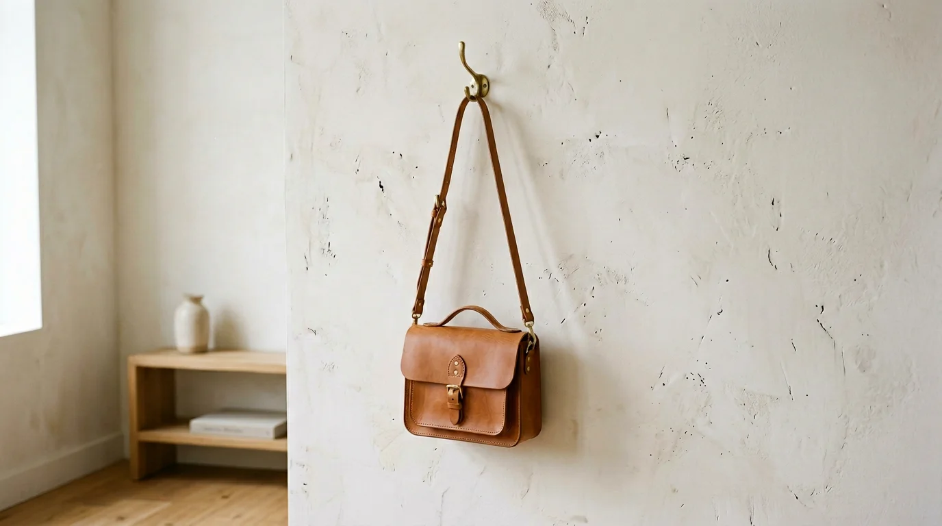 Tan leather handbag on wall hook in a calm interior