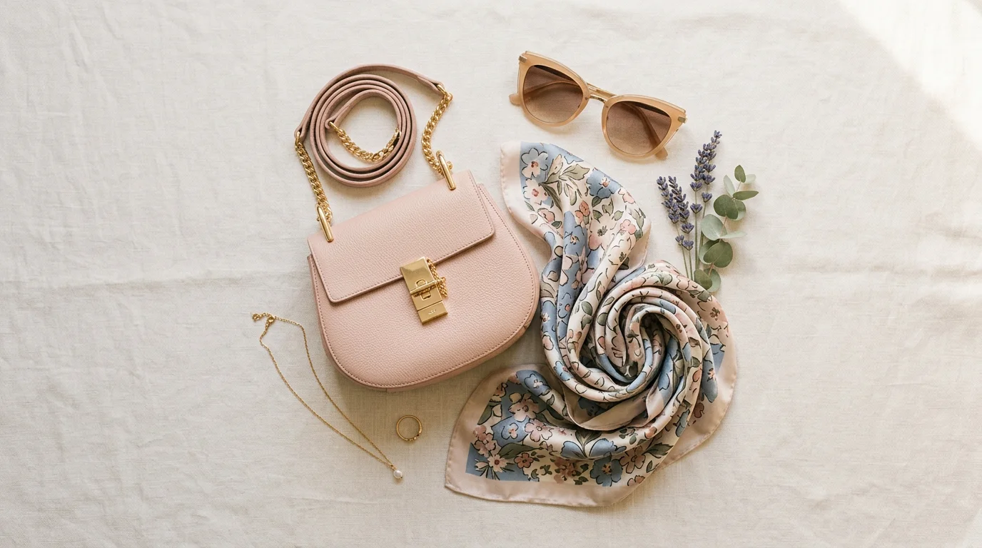 Flat lay with leather handbag and accessories