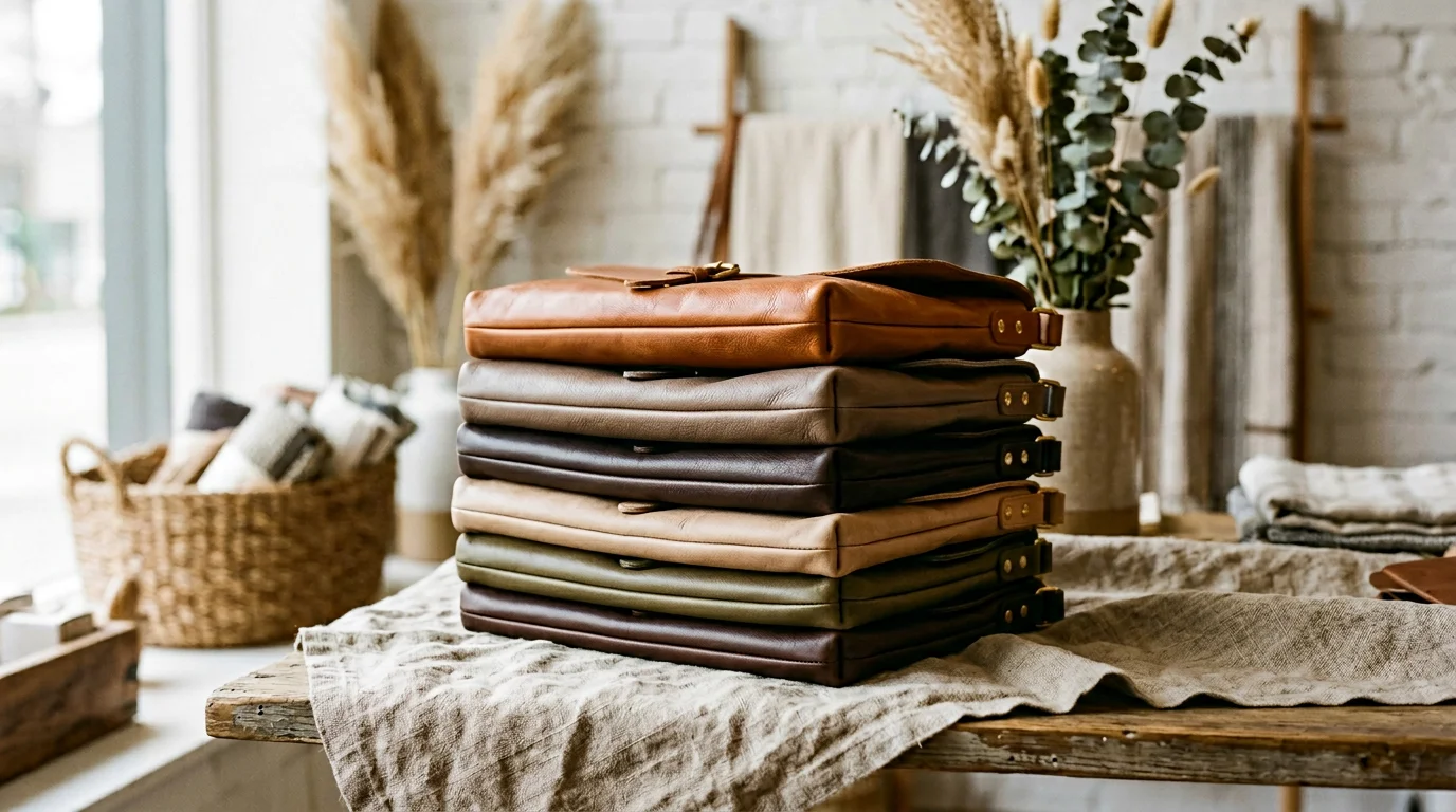 Stack of neutral leather bags on linen