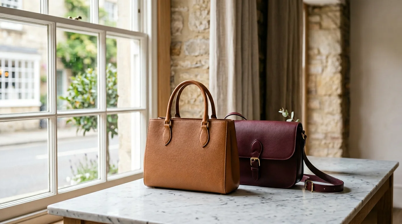 Tula Bags leather handbags styled on marble for the UK flagship story