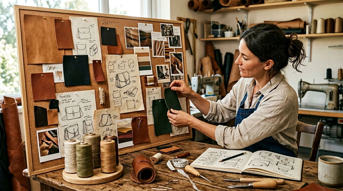 Tula Bags studio mood board with leather samples and sketches