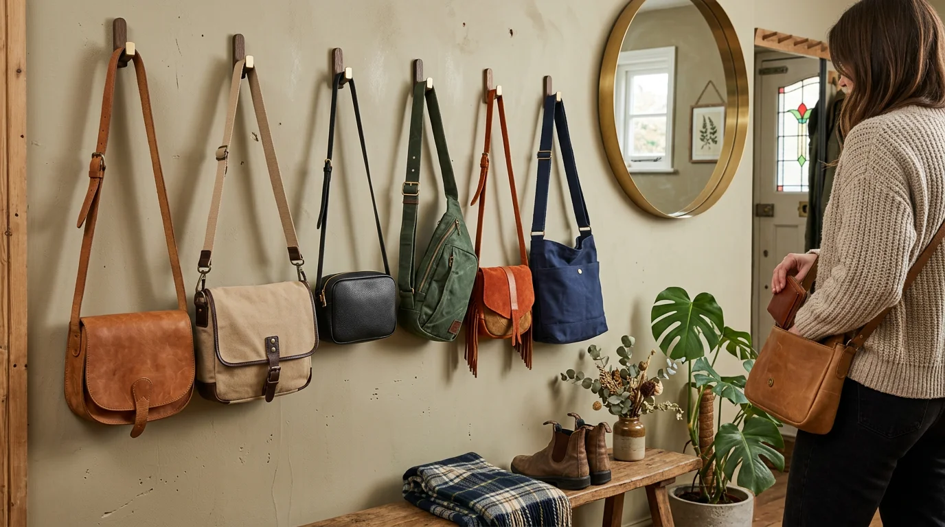 Crossbody leather bags on display hooks
