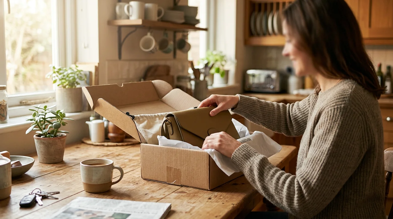 Happy customer unboxing a Tula Bags handbag
